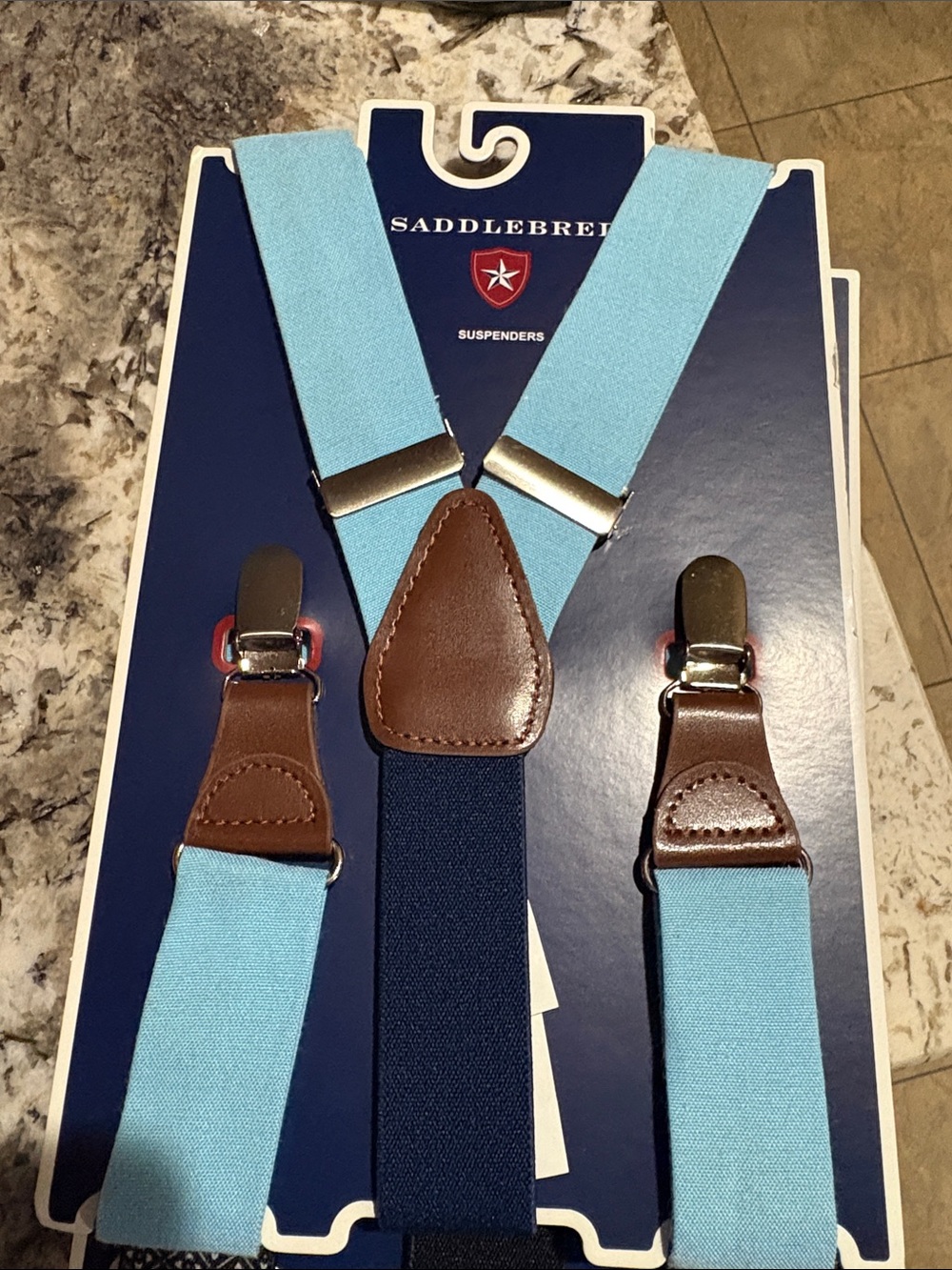Saddlebred Light Blue Elastic Suspenders with Brown Leather Accents